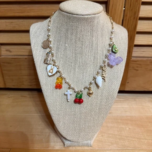 Gold-Tone Y2K Charm Necklace with Multicolor Charms - Picture 1 of 3